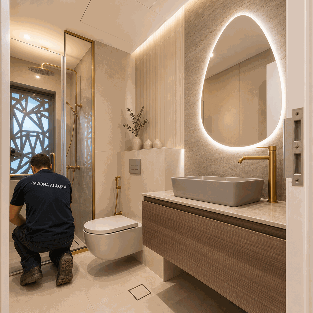 Worker kneeling by glass shower beside vanity, mirror and wall-hung toilet.