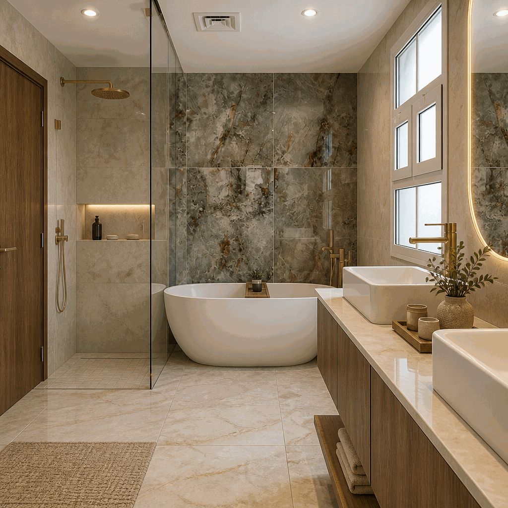 Freestanding tub, walk-in shower, marble feature wall and twin countertop basins.