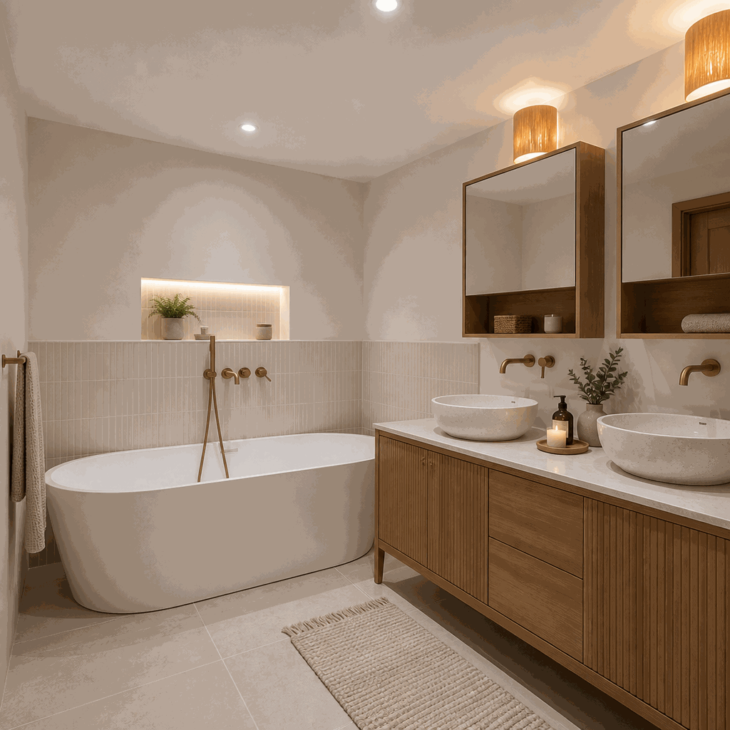 Freestanding bath beside timber vanity with two stone basins and cabinet mirrors.