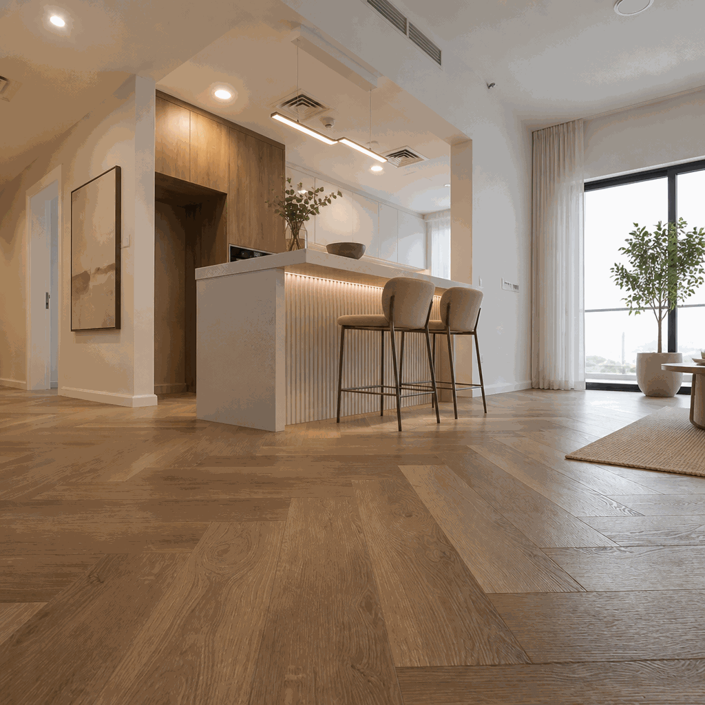Herringbone wood flooring across open-plan room with breakfast bar and stools.