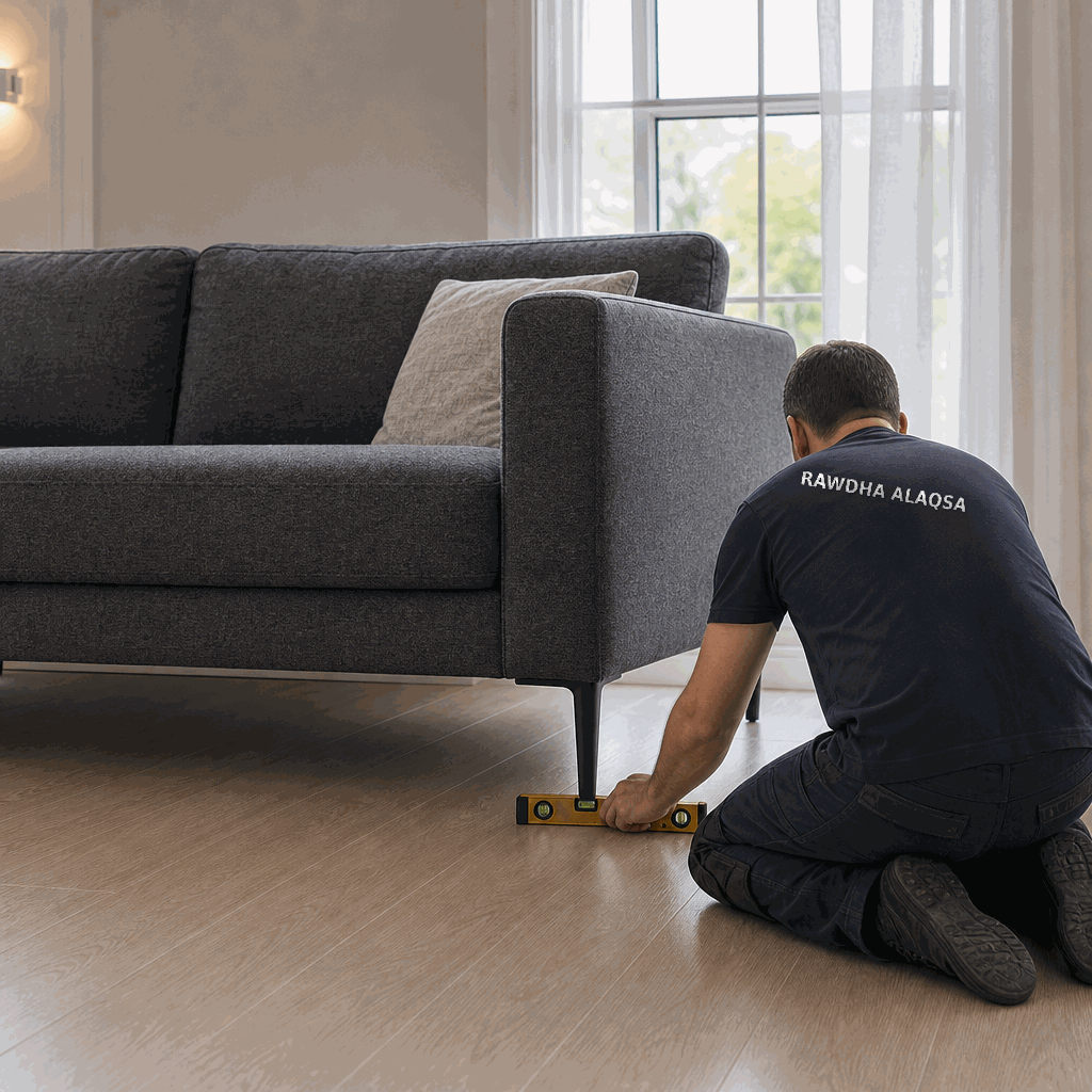 Worker kneeling with spirit level checking floor beside a grey sofa.