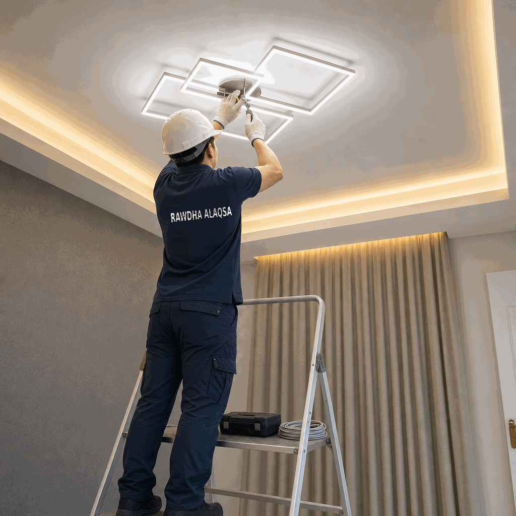 Worker on stepladder fitting a square ceiling light fixture.