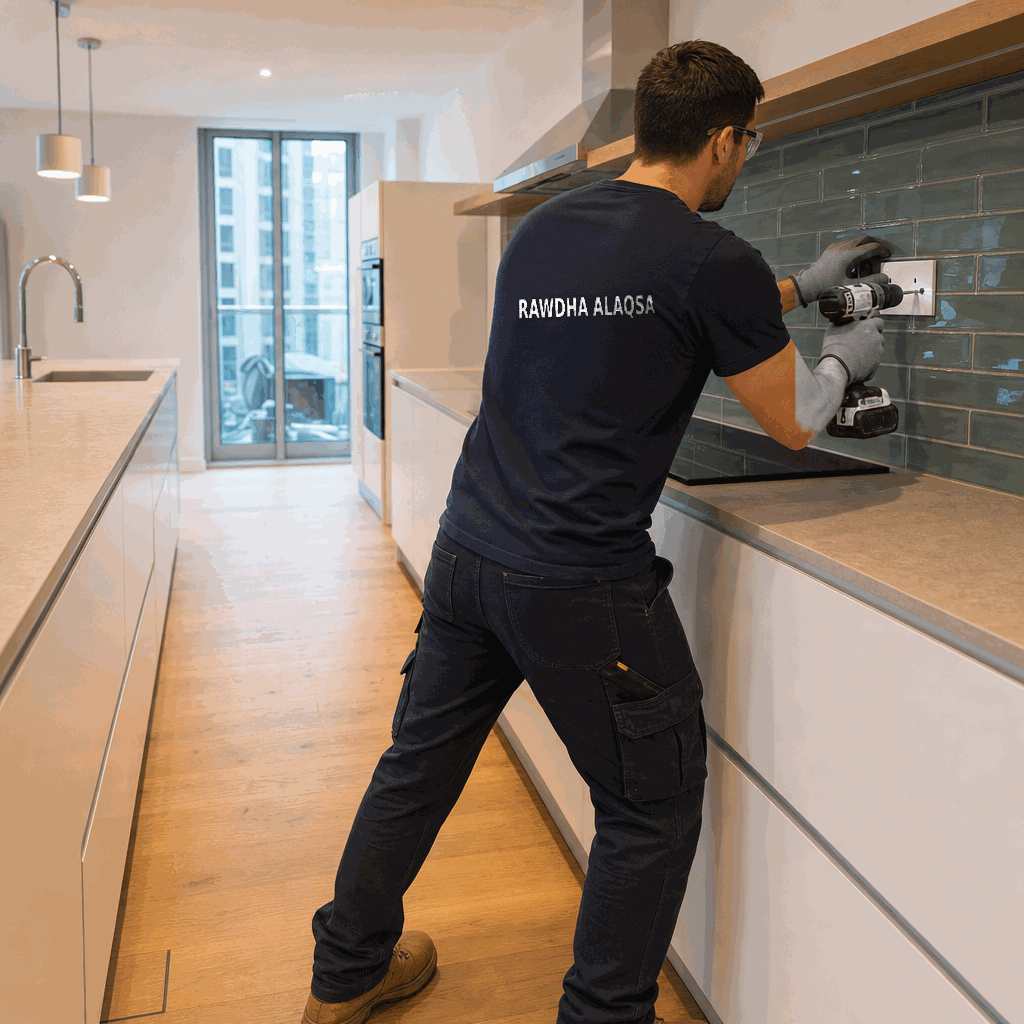 Worker drilling a wall socket above kitchen counter with tiled splashback.