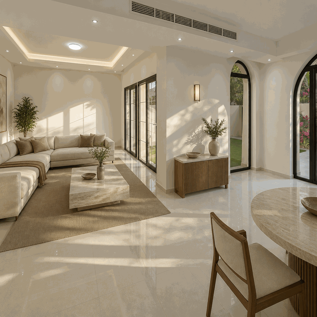 Bright living and dining space with tiled floor and arched garden doors.
