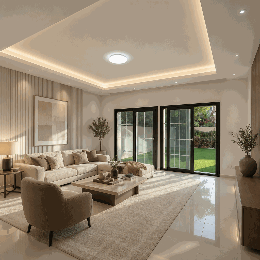 Living room with sectional sofa, coved ceiling lighting and garden patio doors.