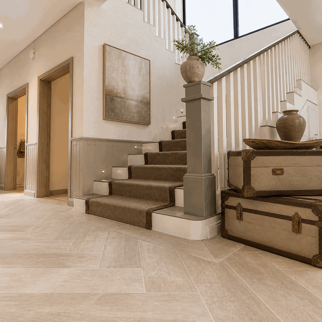 Hallway with pale wood-effect floor tiles, carpeted staircase, panelled walls.