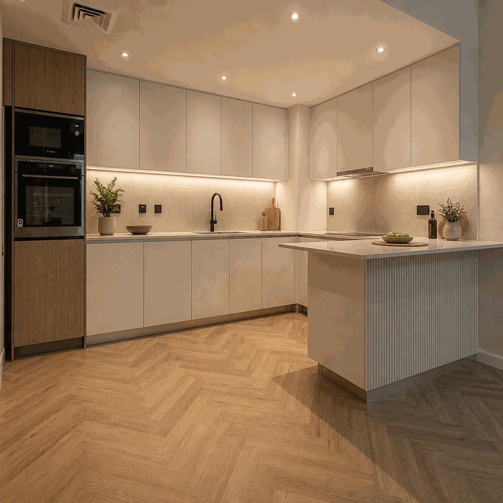 Cream handleless kitchen with peninsula, under-cabinet lighting, herringbone floor.