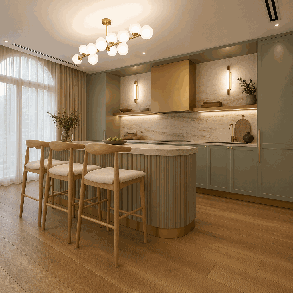 Sage green kitchen with curved fluted island, bar stools, globe chandelier.