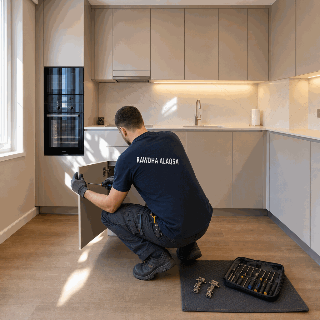 Worker in uniform adjusting cabinet door hinge with screwdriver, tools on mat.