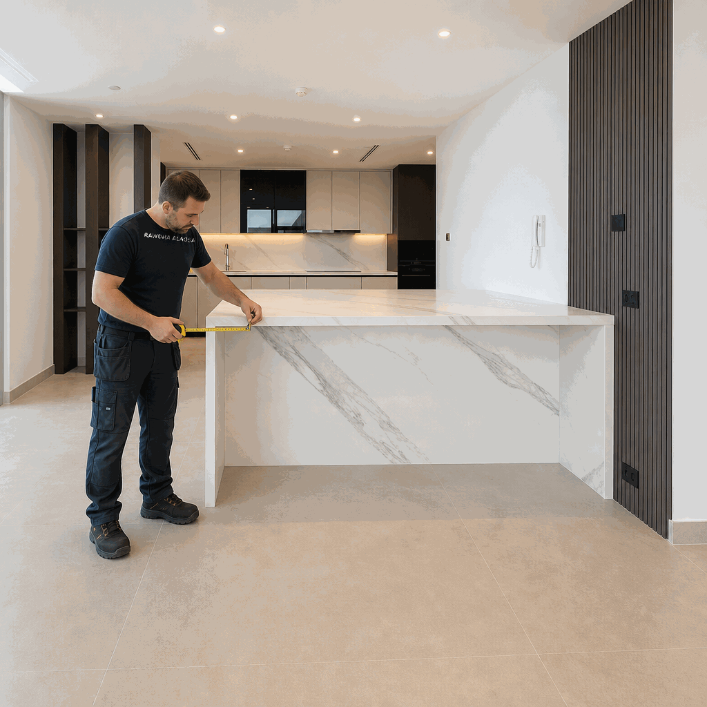 Worker measuring marble breakfast bar edge in empty open-plan room.