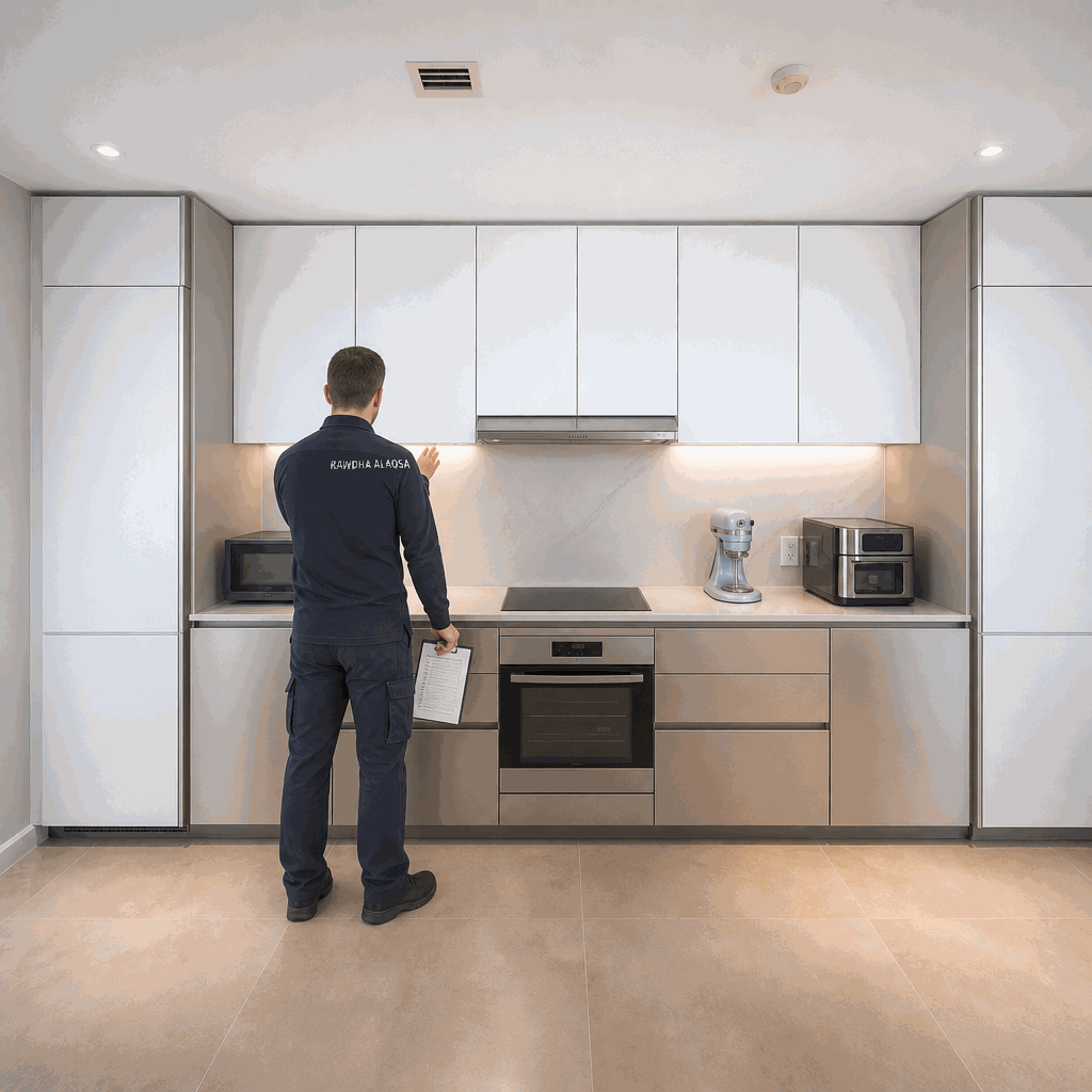 Worker with clipboard inspecting cabinets in white kitchen with oven.