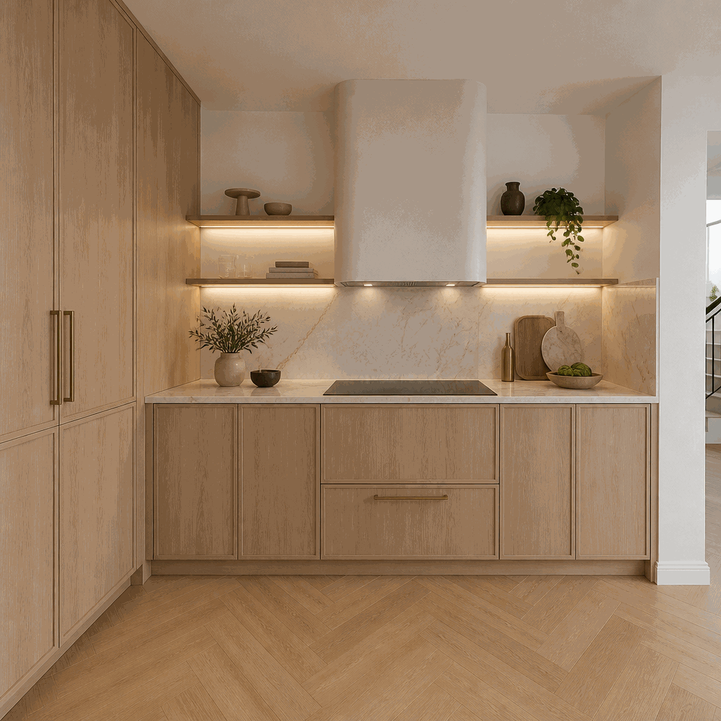 Light oak kitchen run with marble splashback, curved extractor, shelf lighting.