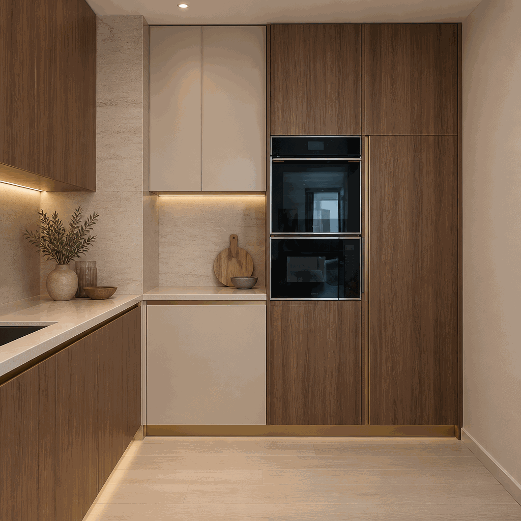 Walnut tall cabinets with built-in oven and microwave, stone counter.