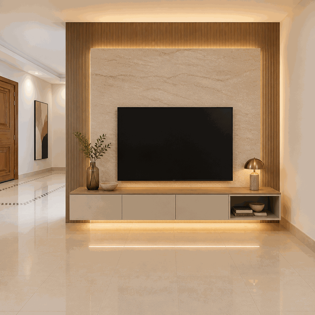 Television on stone panel above floating cabinet with slatted wood surround and lighting.