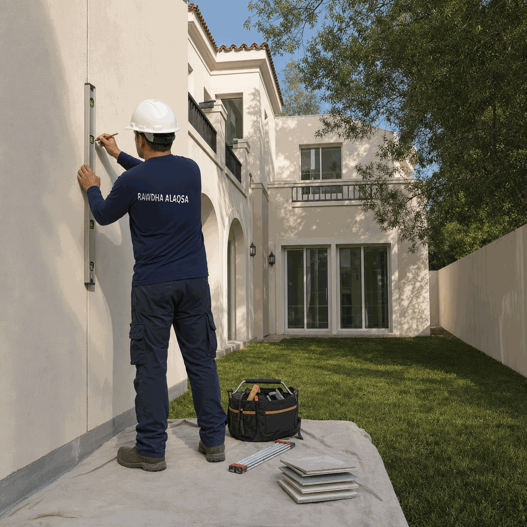 Worker in helmet holding spirit level against exterior wall, toolbag and tiles nearby.