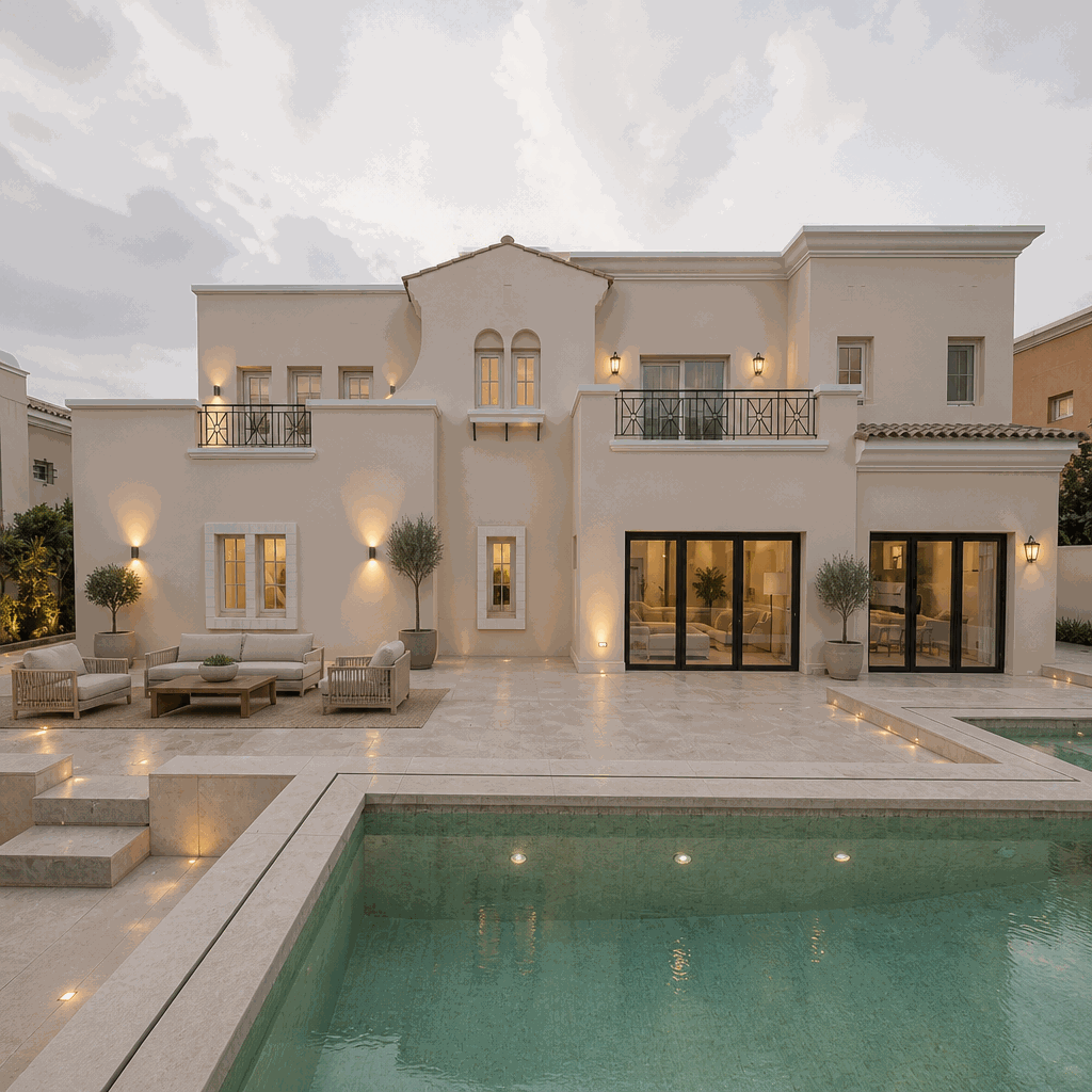 Two-storey house facade at dusk with lit windows, terrace seating and pool.