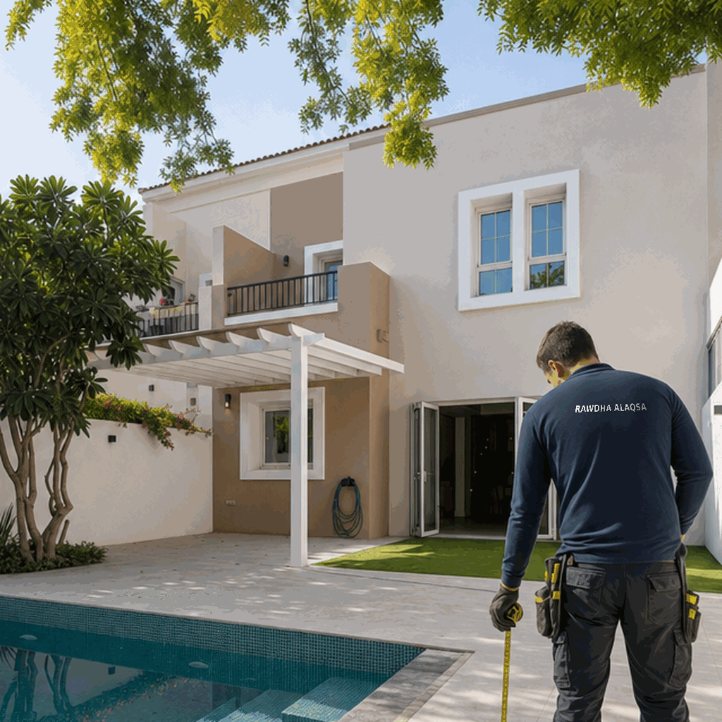 Worker with tape measure and tool belt facing house rear with pergola.