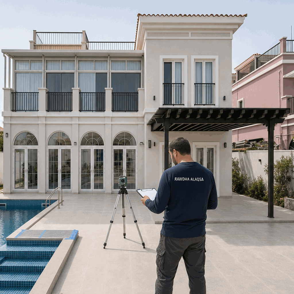 Worker with clipboard beside survey tripod facing house with arched doors.