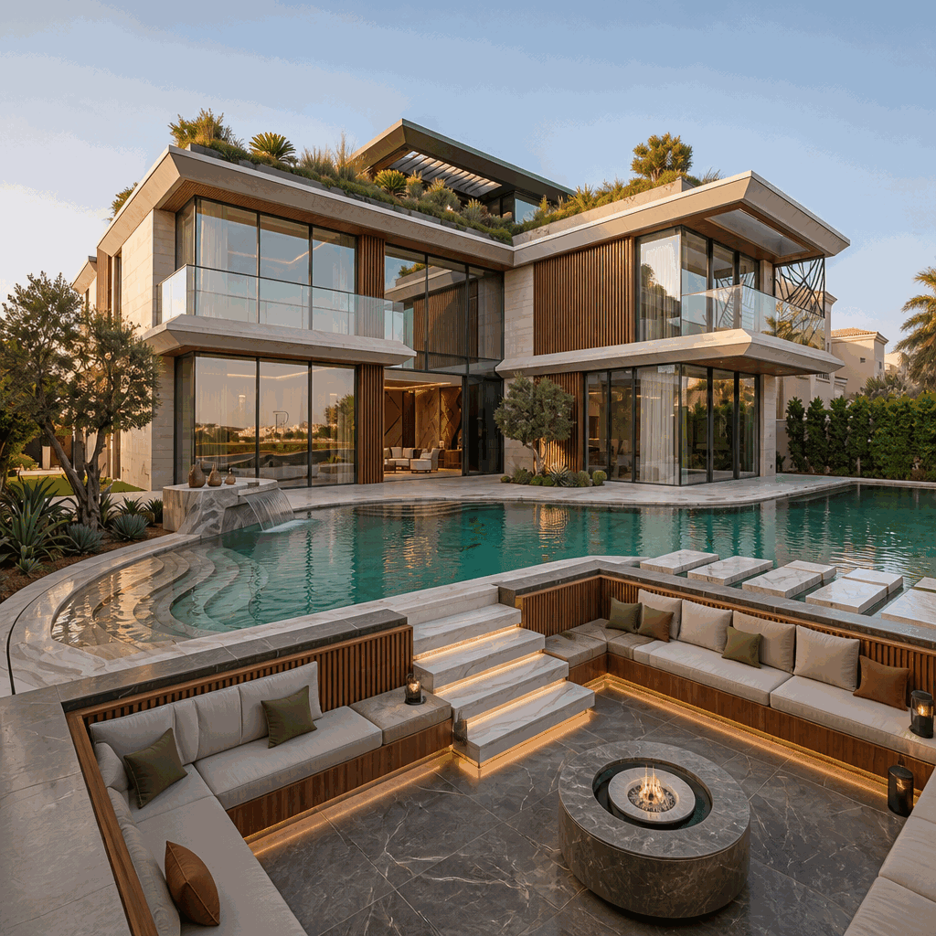 Modern villa with glass walls, planted roof, pool, sunken seating and firepit.